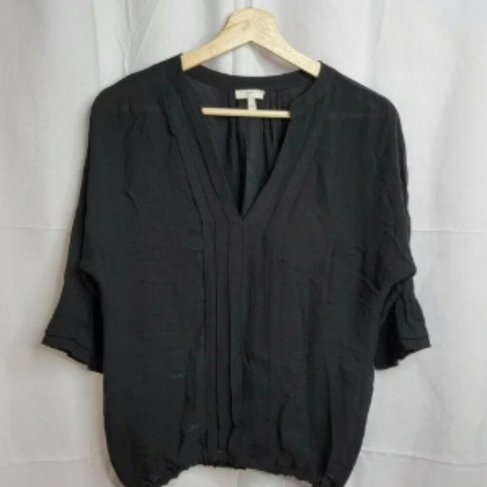 ✨️CL Joie 100% Silk Black Sheer Half Sleeve V Neck Banded Bottom Blouse Size XXS